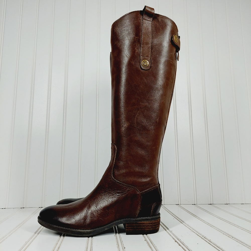 NEW Sam Edelman Penny Brow Leather Slip On Block Small Heel Riding Boots M434